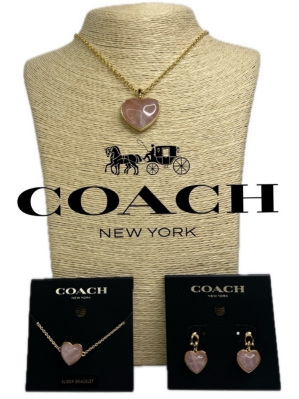 Coach Heart Carved Pink Quartz Necklace Earring and Bracelet Set
